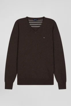 Regular brown wool and cotton V-neck jumper with striped details