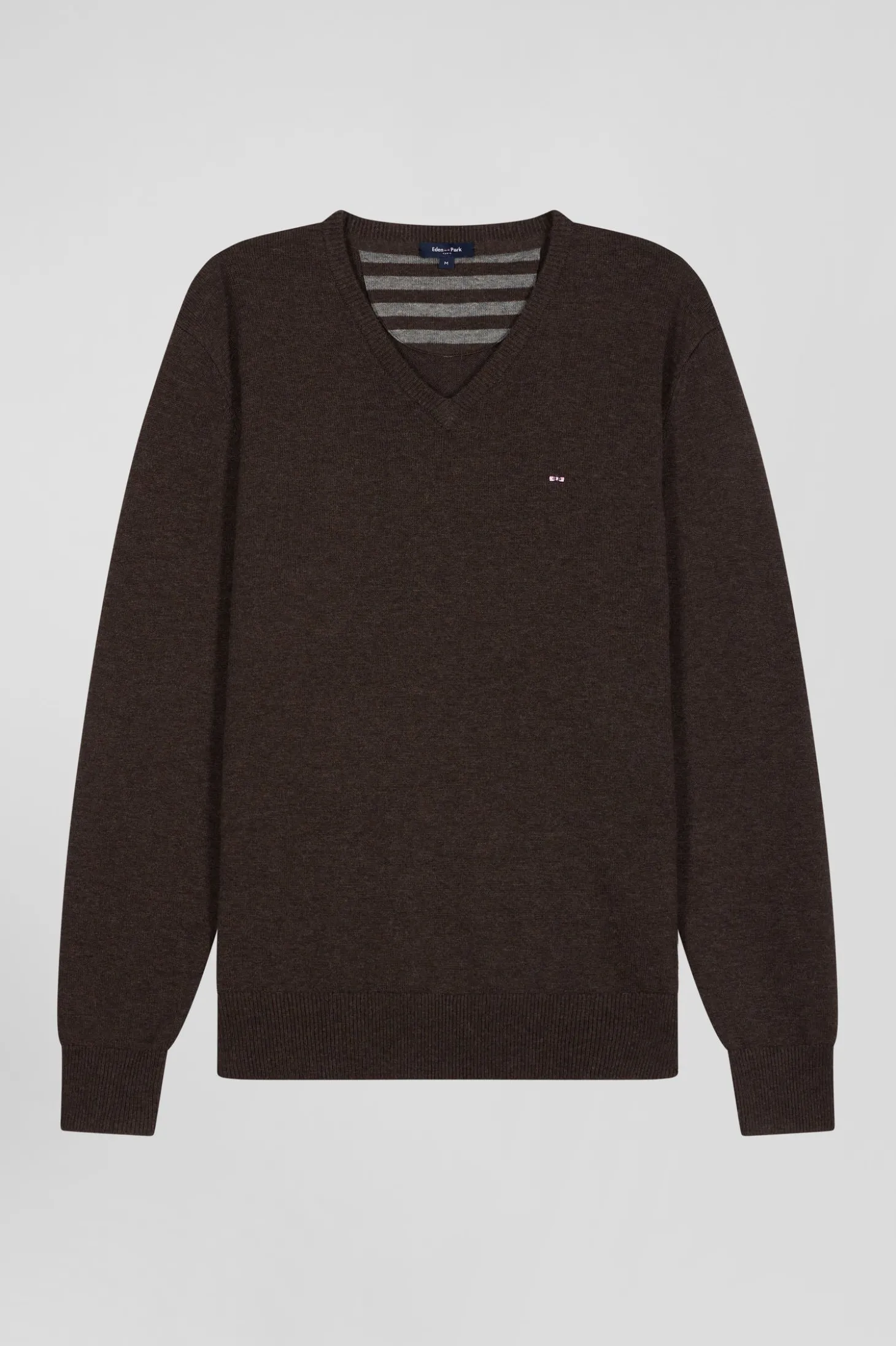 Regular brown wool and cotton V-neck jumper with striped details