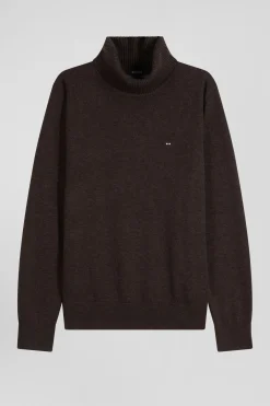 Regular brown wool and cotton turtleneck jumper