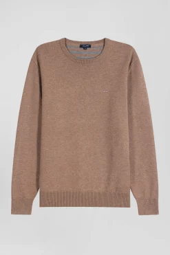 Regular brown wool and cotton crew neck jumper