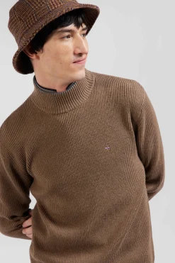 Regular brown wool and cotton high-neck jumper