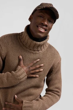 Regular brown wool and cotton blend turtleneck jumper
