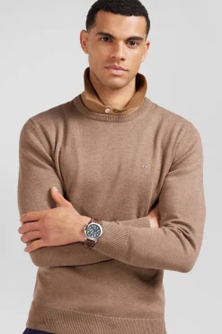 Regular brown wool and cotton crew neck jumper
