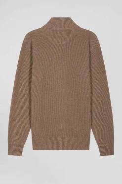 Regular brown wool and cotton high-neck jumper