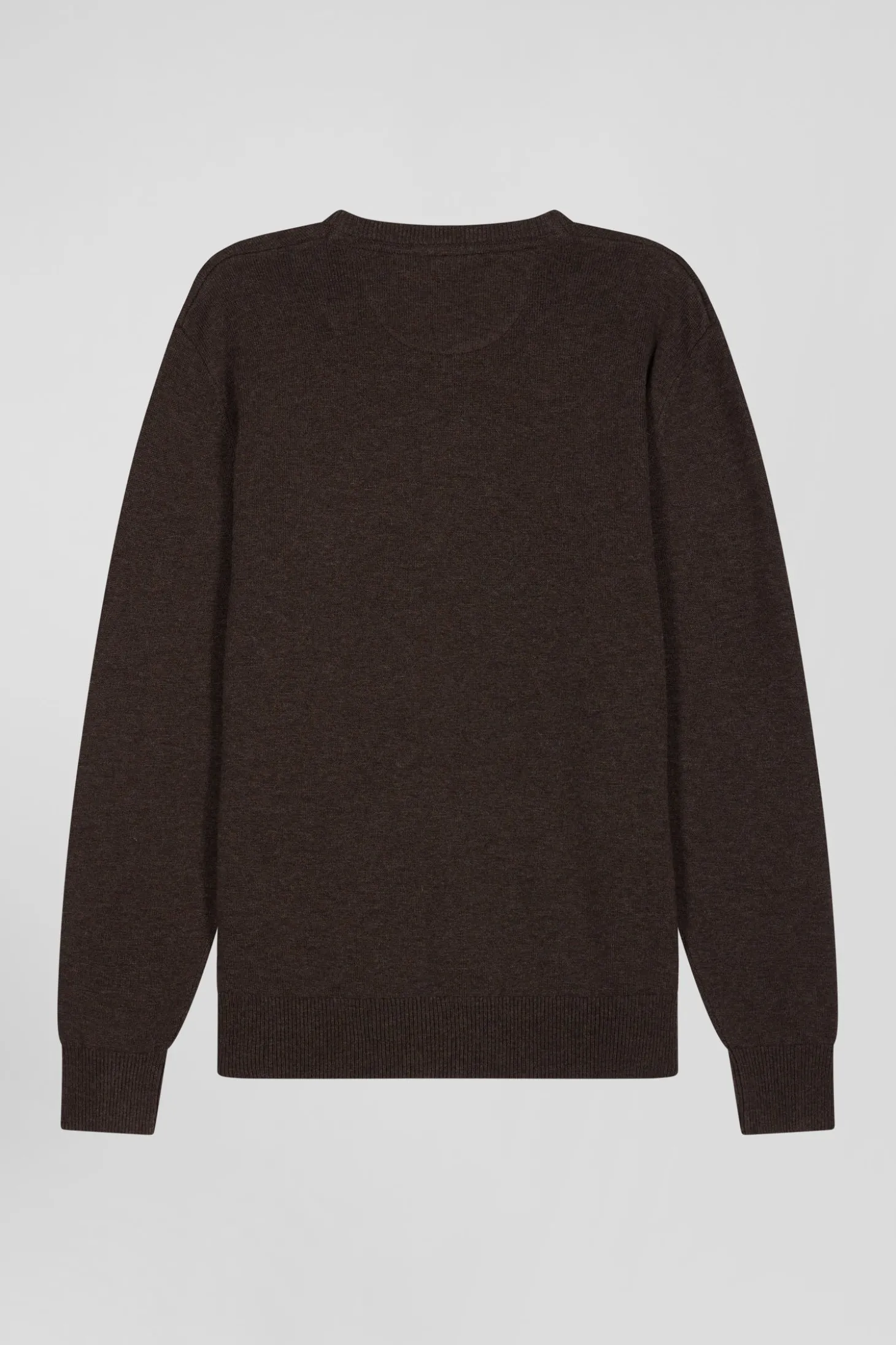 Regular brown wool and cotton V-neck jumper with striped details