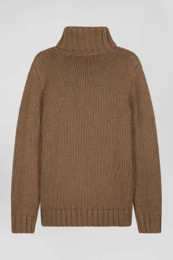 Regular brown wool and cotton blend turtleneck jumper