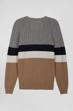 Regular brown wool and cotton crew neck jumper with knit patterns
