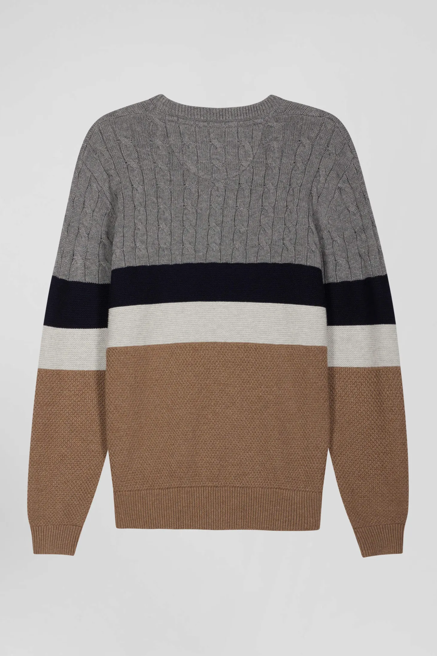 Regular brown wool and cotton crew neck jumper with knit patterns