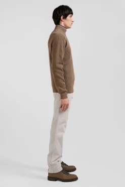 Regular brown wool and cotton high-neck jumper