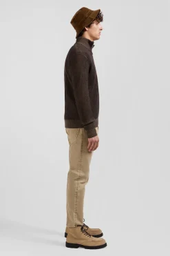 Regular brown wool and cotton zipped cardigan