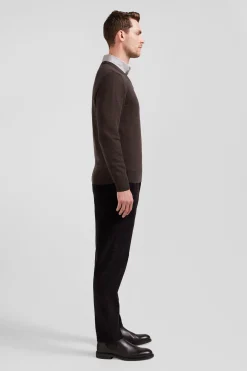 Regular brown wool and cotton V-neck jumper with striped details