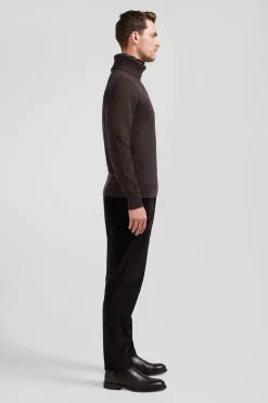 Regular brown wool and cotton turtleneck jumper