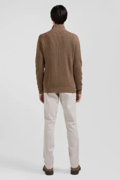 Regular brown wool and cotton high-neck jumper