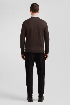 Regular brown wool and cotton V-neck jumper with striped details