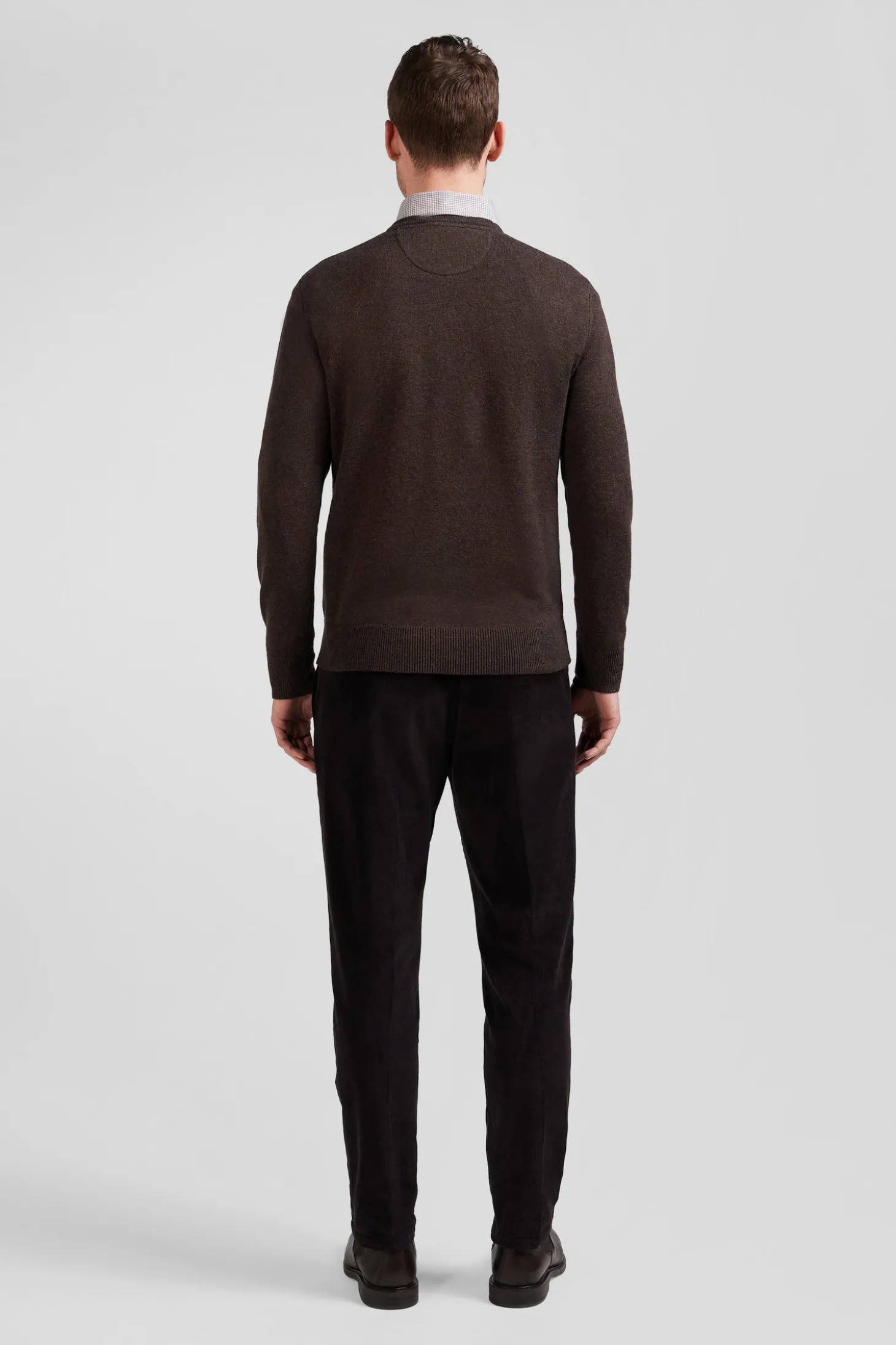 Regular brown wool and cotton V-neck jumper with striped details