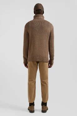 Regular brown wool and cotton blend turtleneck jumper