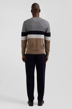 Regular brown wool and cotton crew neck jumper with knit patterns