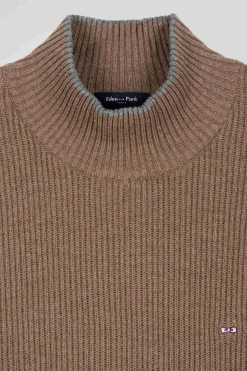 Regular brown wool and cotton high-neck jumper