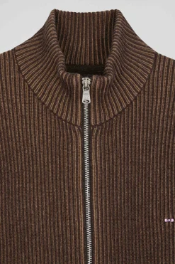 Regular brown wool and cotton zipped cardigan
