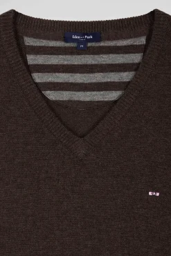 Regular brown wool and cotton V-neck jumper with striped details