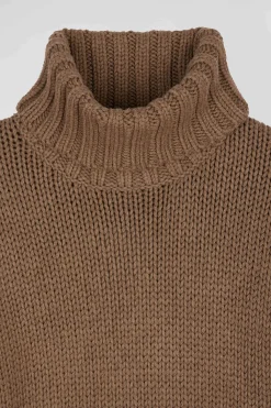 Regular brown wool and cotton blend turtleneck jumper