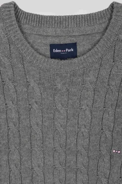 Regular brown wool and cotton crew neck jumper with knit patterns