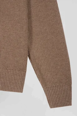 Regular brown wool and cotton high-neck jumper