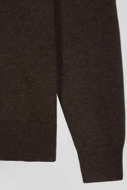 Regular brown wool and cotton V-neck jumper with striped details
