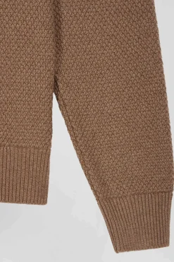 Regular brown wool and cotton crew neck jumper with knit patterns