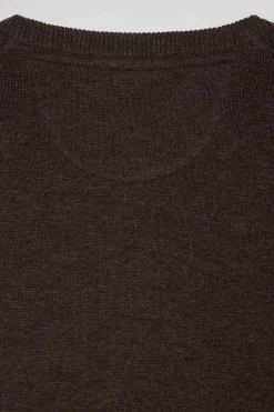 Regular brown wool and cotton V-neck jumper with striped details