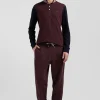 Regular burgundy bicolor long-sleeved cotton piqué polo shirt with jacquard collar