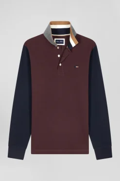 Regular burgundy bicolor long-sleeved cotton piqué polo shirt with jacquard collar