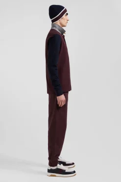 Regular burgundy bicolor long-sleeved cotton piqué polo shirt with jacquard collar