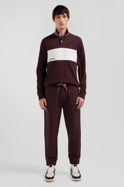 Regular burgundy colorblock long-sleeved cotton piqué polo shirt