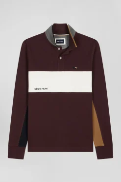 Regular burgundy colorblock long-sleeved cotton piqué polo shirt