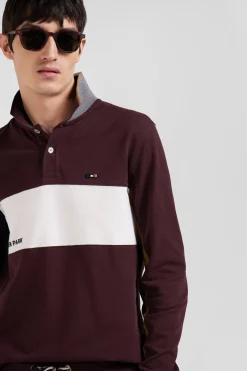 Regular burgundy colorblock long-sleeved cotton piqué polo shirt