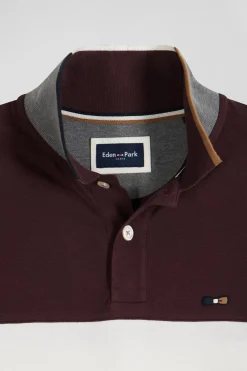 Regular burgundy colorblock long-sleeved cotton piqué polo shirt