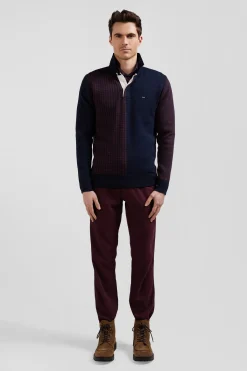 Regular burgundy cotton jumper with houndstooth jacquard and rugby shirt collar