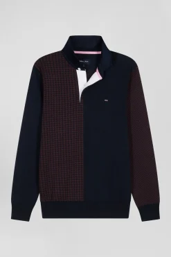 Regular burgundy cotton jumper with houndstooth jacquard and rugby shirt collar