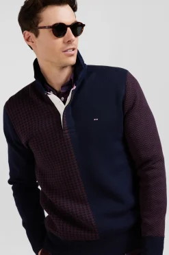 Regular burgundy cotton jumper with houndstooth jacquard and rugby shirt collar