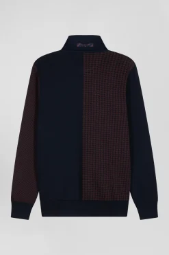 Regular burgundy cotton jumper with houndstooth jacquard and rugby shirt collar