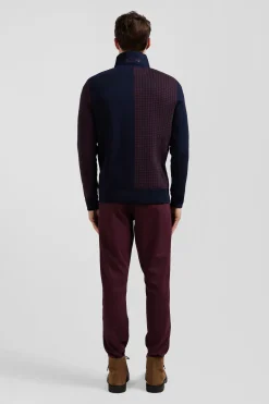Regular burgundy cotton jumper with houndstooth jacquard and rugby shirt collar