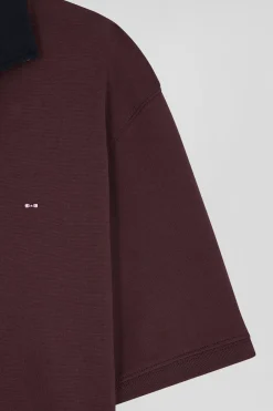Regular burgundy cotton rugby shirt with striped undercollar