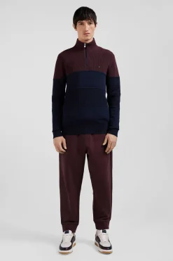 Regular burgundy cotton semi-zipped jumper with knit patterns