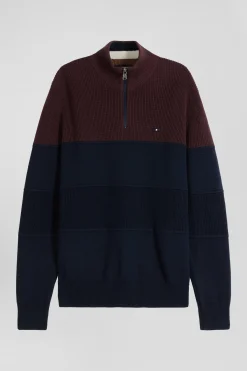 Regular burgundy cotton semi-zipped jumper with knit patterns