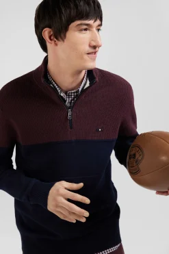 Regular burgundy cotton semi-zipped jumper with knit patterns