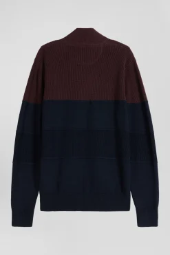 Regular burgundy cotton semi-zipped jumper with knit patterns