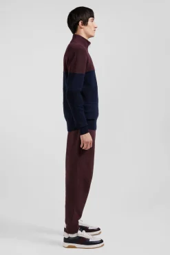 Regular burgundy cotton semi-zipped jumper with knit patterns