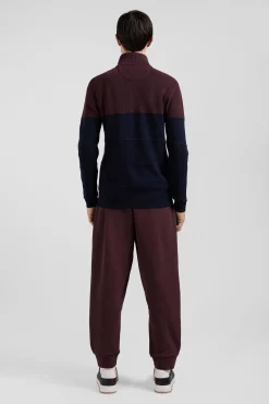 Regular burgundy cotton semi-zipped jumper with knit patterns