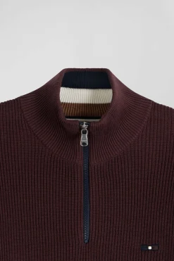 Regular burgundy cotton semi-zipped jumper with knit patterns